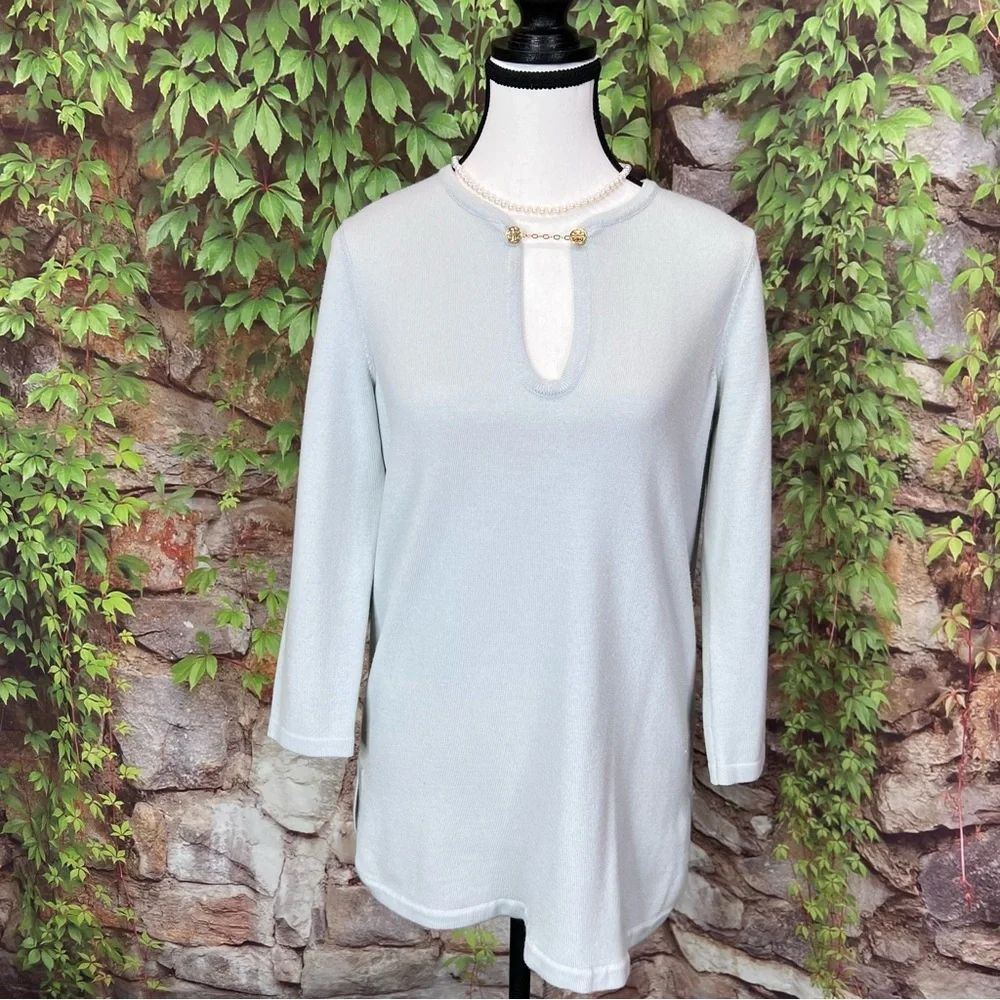 TORY BURCH Luxury Double T-Chain Detail Sage Green/Gray Wool Keyhole Sweater, S